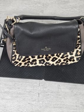 kate spade Black Leather & Leopard Print Shoulder Bag with Taupe Sides